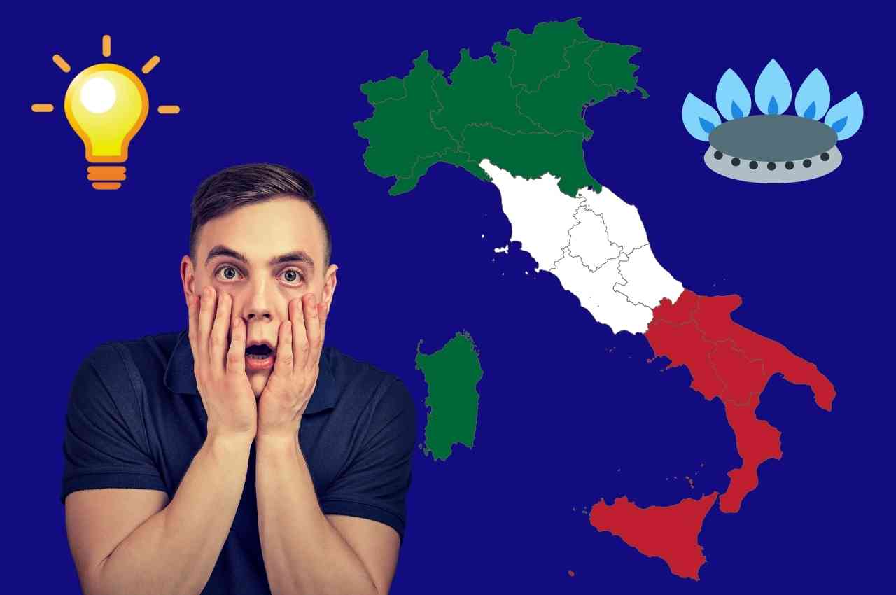 cartina dell'Italia, simboli luce e gas, ragazzo disperato