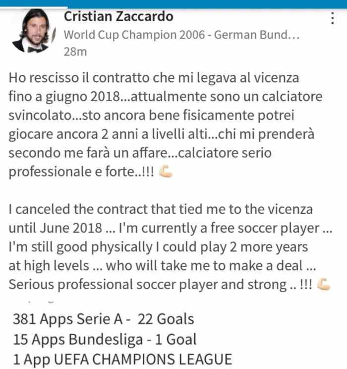 Zaccardo post Linkedin